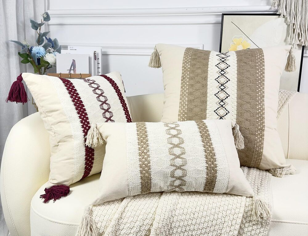 8655 Boho Throw Pillow Covers 22x22,Cute Pillow Cover with Tassels,Neutral - Picture 5 of 6